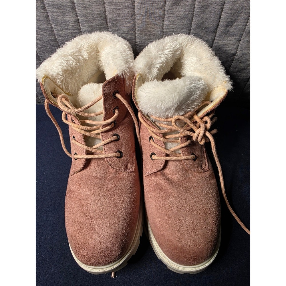 639 Thereabouts Rodeo Pink Faux Fur Lace Up Ankle Boots Memory Foam Lug Sole